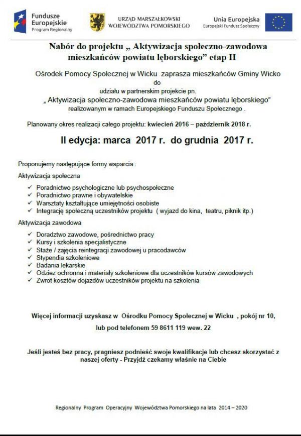 Nabór do projektu "Aktywizacja społeczno-zawodowa mieszkańców powiatu lęborskiego" etap II