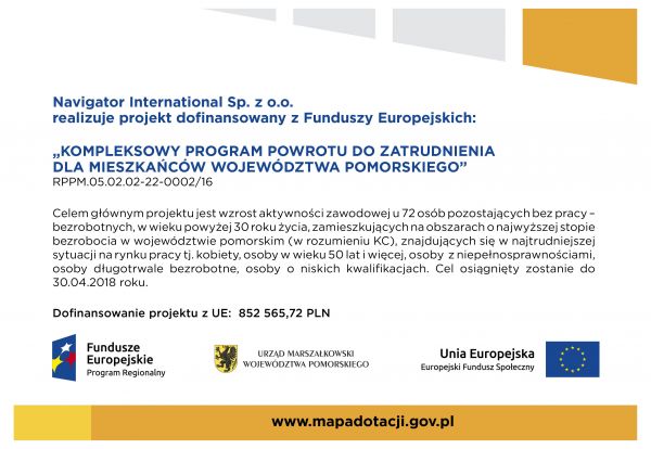 ”Kompleksowy program powrotu do zatrudnienia dla mieszkańców województwa pomorskiego".