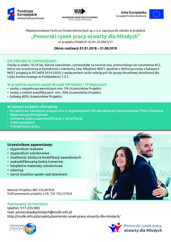 Pomorski rynek pracy otwarty dla Młodych - zaproszenie do udziału w projekcie