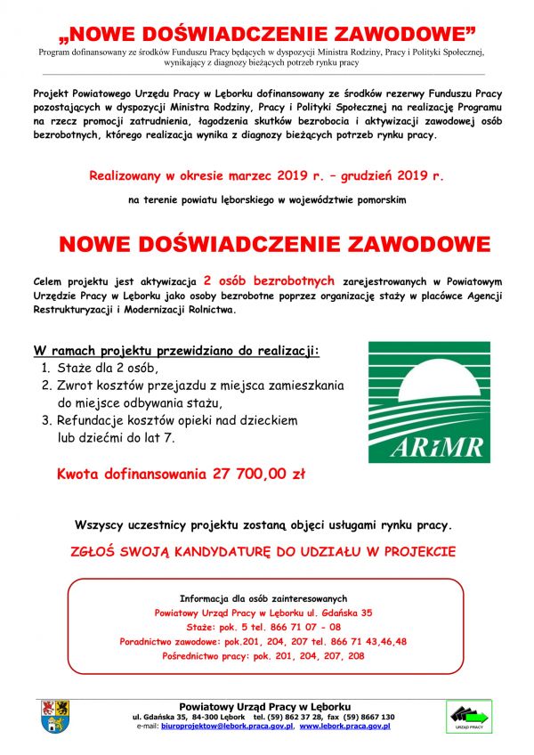 Zapraszamy do udziału w projekcie "Nowe doświadczenie zawodowe"